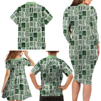 Vintage Aloha Block Quilt Family Matching Long Sleeve Bodycon Dress and Hawaiian Shirt Green Inspired Lei Motifs - Polynesian Pride