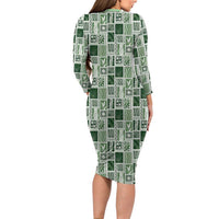 Vintage Aloha Block Quilt Family Matching Long Sleeve Bodycon Dress and Hawaiian Shirt Green Inspired Lei Motifs - Polynesian Pride