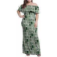 Vintage Aloha Block Quilt Family Matching Off Shoulder Maxi Dress and Hawaiian Shirt Green Inspired Lei Motifs - Polynesian Pride