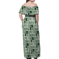 Vintage Aloha Block Quilt Family Matching Off Shoulder Maxi Dress and Hawaiian Shirt Green Inspired Lei Motifs - Polynesian Pride
