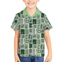 Vintage Aloha Block Quilt Family Matching Off Shoulder Maxi Dress and Hawaiian Shirt Green Inspired Lei Motifs - Polynesian Pride