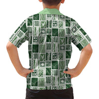 Vintage Aloha Block Quilt Family Matching Off Shoulder Short Dress and Hawaiian Shirt Green Inspired Lei Motifs - Polynesian Pride