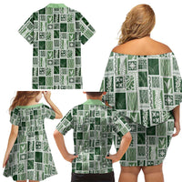 Vintage Aloha Block Quilt Family Matching Off Shoulder Short Dress and Hawaiian Shirt Green Inspired Lei Motifs - Polynesian Pride
