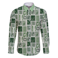 Vintage Aloha Block Quilt Family Matching Off Shoulder Short Dress and Hawaiian Shirt Green Inspired Lei Motifs - Polynesian Pride