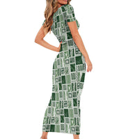Vintage Aloha Block Quilt Family Matching Short Sleeve Bodycon Dress and Hawaiian Shirt Green Inspired Lei Motifs - Polynesian Pride