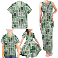 Vintage Aloha Block Quilt Family Matching Tank Maxi Dress and Hawaiian Shirt Green Inspired Lei Motifs - Polynesian Pride