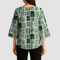 Vintage Aloha Block Quilt Kimono Sleeve Blouse Green Inspired Lei Motifs - Polynesian Pride