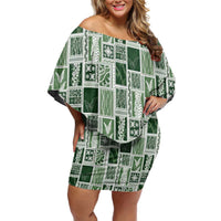 Vintage Aloha Block Quilt Off Shoulder Short Dress Green Inspired Lei Motifs - Polynesian Pride