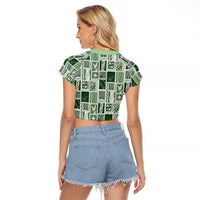 Vintage Aloha Block Quilt Raglan Cropped T Shirt Green Inspired Lei Motifs - Polynesian Pride
