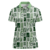 Vintage Aloha Block Quilt Women Polo Shirt Green Inspired Lei Motifs - Polynesian Pride