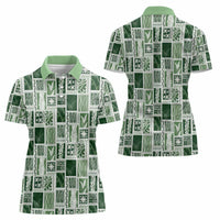 Vintage Aloha Block Quilt Women Polo Shirt Green Inspired Lei Motifs - Polynesian Pride