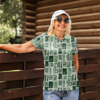 Vintage Aloha Block Quilt Women Polo Shirt Green Inspired Lei Motifs - Polynesian Pride