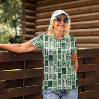 Vintage Aloha Block Quilt Women Polo Shirt Green Inspired Lei Motifs - Polynesian Pride