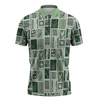 Vintage Aloha Block Quilt Zipper Polo Shirt Green Inspired Lei Motifs LT9 Green - Polynesian Pride