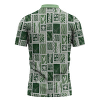 Vintage Aloha Block Quilt Zipper Polo Shirt Green Inspired Lei Motifs LT9 - Polynesian Pride