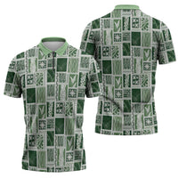 Vintage Aloha Block Quilt Zipper Polo Shirt Green Inspired Lei Motifs LT9 - Polynesian Pride