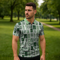Vintage Aloha Block Quilt Zipper Polo Shirt Green Inspired Lei Motifs LT9 - Polynesian Pride