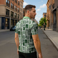 Vintage Aloha Block Quilt Zipper Polo Shirt Green Inspired Lei Motifs LT9 - Polynesian Pride