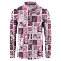 Vintage Aloha Block Quilt Button Sweatshirt Pink Inspired Lei Motifs - Polynesian Pride