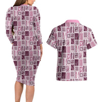 Vintage Aloha Block Quilt Couples Matching Long Sleeve Bodycon Dress and Hawaiian Shirt Pink Inspired Lei Motifs - Polynesian Pride