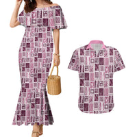 Vintage Aloha Block Quilt Couples Matching Mermaid Dress and Hawaiian Shirt Pink Inspired Lei Motifs - Polynesian Pride