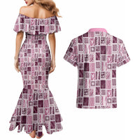 Vintage Aloha Block Quilt Couples Matching Mermaid Dress and Hawaiian Shirt Pink Inspired Lei Motifs - Polynesian Pride