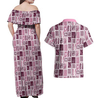 Vintage Aloha Block Quilt Couples Matching Off Shoulder Maxi Dress and Hawaiian Shirt Pink Inspired Lei Motifs - Polynesian Pride