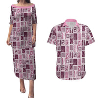 Vintage Aloha Block Quilt Couples Matching Puletasi and Hawaiian Shirt Pink Inspired Lei Motifs - Polynesian Pride