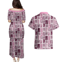 Vintage Aloha Block Quilt Couples Matching Puletasi and Hawaiian Shirt Pink Inspired Lei Motifs - Polynesian Pride