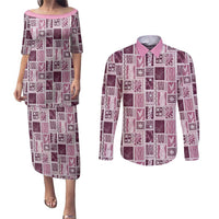 Vintage Aloha Block Quilt Couples Matching Puletasi and Long Sleeve Button Shirt Pink Inspired Lei Motifs - Polynesian Pride