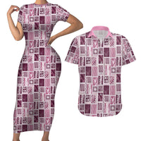 Vintage Aloha Block Quilt Couples Matching Short Sleeve Bodycon Dress and Hawaiian Shirt Pink Inspired Lei Motifs - Polynesian Pride