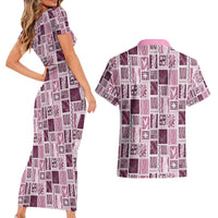 Vintage Aloha Block Quilt Couples Matching Short Sleeve Bodycon Dress and Hawaiian Shirt Pink Inspired Lei Motifs - Polynesian Pride