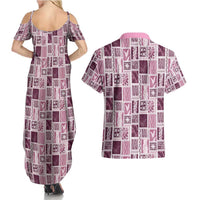 Vintage Aloha Block Quilt Couples Matching Summer Maxi Dress and Hawaiian Shirt Pink Inspired Lei Motifs - Polynesian Pride