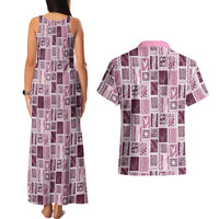 Vintage Aloha Block Quilt Couples Matching Tank Maxi Dress and Hawaiian Shirt Pink Inspired Lei Motifs - Polynesian Pride