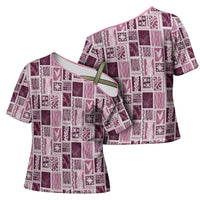 Vintage Aloha Block Quilt Cross Shoulder Shirt Pink Inspired Lei Motifs - Polynesian Pride