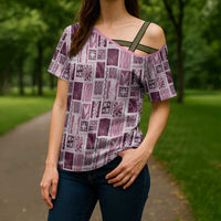 Vintage Aloha Block Quilt Cross Shoulder Shirt Pink Inspired Lei Motifs - Polynesian Pride