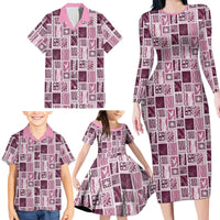 Vintage Aloha Block Quilt Family Matching Long Sleeve Bodycon Dress and Hawaiian Shirt Pink Inspired Lei Motifs - Polynesian Pride