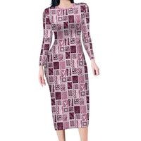 Vintage Aloha Block Quilt Family Matching Long Sleeve Bodycon Dress and Hawaiian Shirt Pink Inspired Lei Motifs - Polynesian Pride