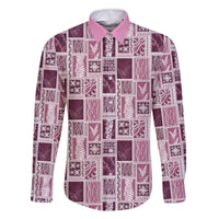 Vintage Aloha Block Quilt Family Matching Off The Shoulder Long Sleeve Dress and Hawaiian Shirt Pink Inspired Lei Motifs - Polynesian Pride
