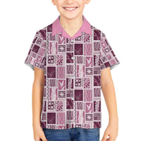 Vintage Aloha Block Quilt Family Matching Off The Shoulder Long Sleeve Dress and Hawaiian Shirt Pink Inspired Lei Motifs - Polynesian Pride