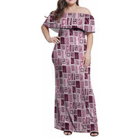 Vintage Aloha Block Quilt Family Matching Off Shoulder Maxi Dress and Hawaiian Shirt Pink Inspired Lei Motifs - Polynesian Pride