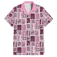 Vintage Aloha Block Quilt Family Matching Off Shoulder Short Dress and Hawaiian Shirt Pink Inspired Lei Motifs - Polynesian Pride