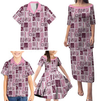 Vintage Aloha Block Quilt Family Matching Puletasi and Hawaiian Shirt Pink Inspired Lei Motifs - Polynesian Pride