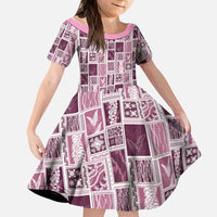 Vintage Aloha Block Quilt Kid Short Sleeve Dress Pink Inspired Lei Motifs LT9 KID Pink - Polynesian Pride