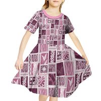 Vintage Aloha Block Quilt Kid Short Sleeve Dress Pink Inspired Lei Motifs LT9 - Polynesian Pride