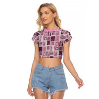 Vintage Aloha Block Quilt Raglan Cropped T Shirt Pink Inspired Lei Motifs - Polynesian Pride