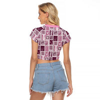 Vintage Aloha Block Quilt Raglan Cropped T Shirt Pink Inspired Lei Motifs - Polynesian Pride