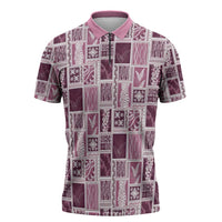 Vintage Aloha Block Quilt Zipper Polo Shirt Pink Inspired Lei Motifs - Polynesian Pride