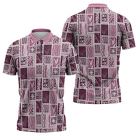 Vintage Aloha Block Quilt Zipper Polo Shirt Pink Inspired Lei Motifs - Polynesian Pride
