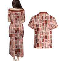 Vintage Aloha Block Quilt Couples Matching Puletasi and Hawaiian Shirt Red Inspired Lei Motifs - Polynesian Pride